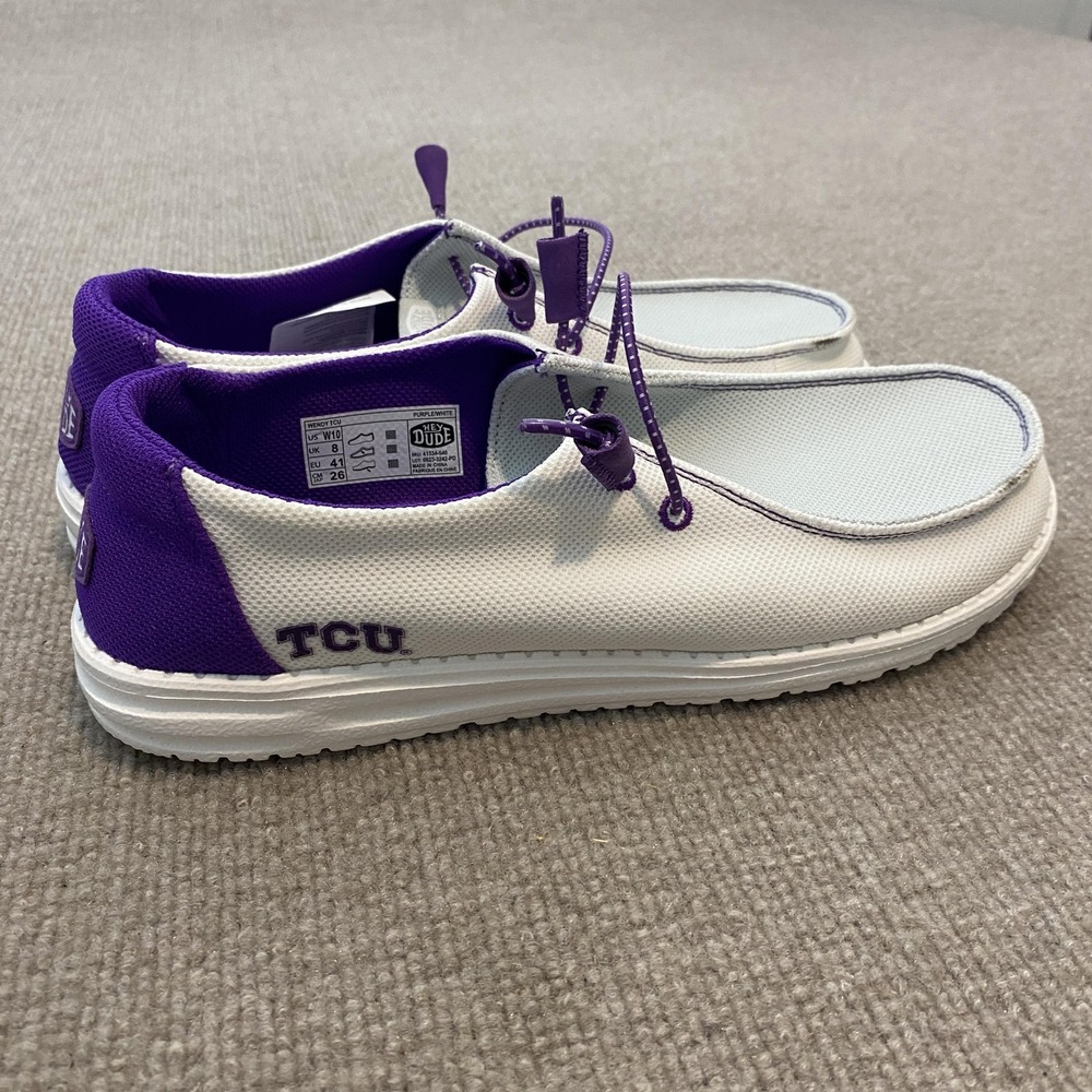 TCU Horned Frogs Shoes Womens 10 White Purple NCAA Football Hey Dude Wendy